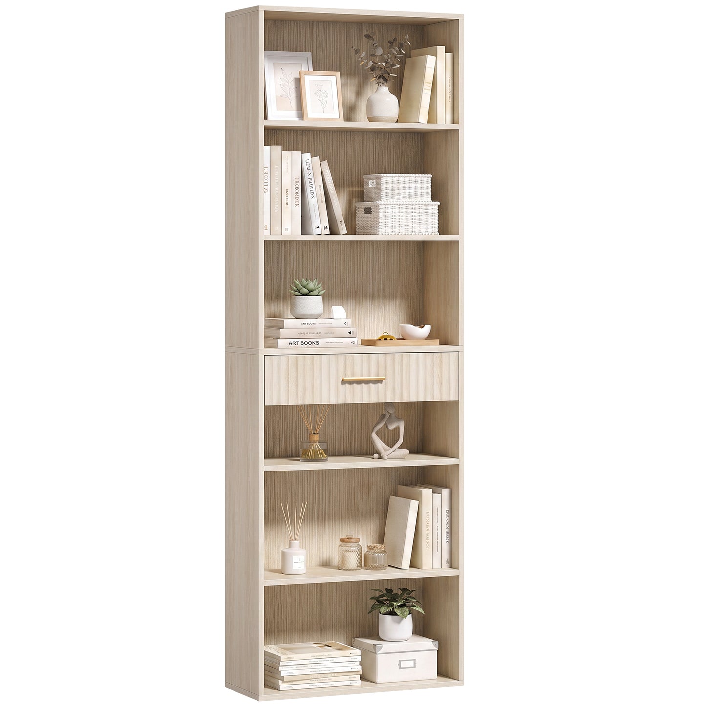 Tall Bookcase with Cubes, 7-Tier Bookshelf with Drawer, Oak