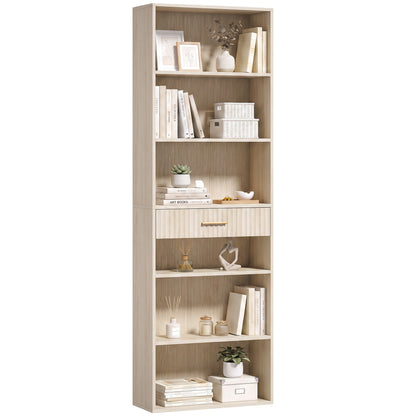 Tall Bookcase with Cubes, 7-Tier Bookshelf with Drawer, Oak