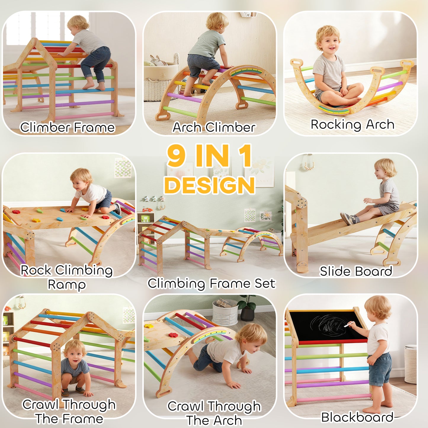 9 in 1 Climbing Frame with Ramp, Slide, Arch, Ladder, Blackboard
