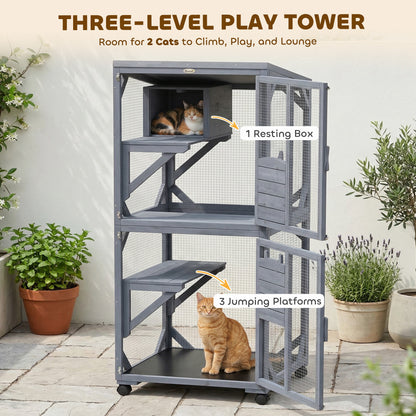 Outdoor Catio Cat House, Movable Wooden Cat Enclosure on Exercise Wheels with Resting Box, 3  Platforms, Large Kitty Cage with Waterproof Asphalt Roof for Outdoor Indoor, for 2 Kittens
