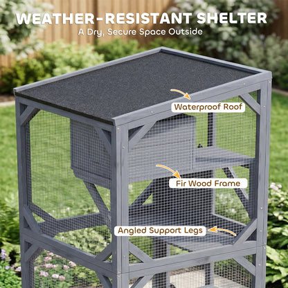 Outdoor Catio Cat House, Movable Wooden Cat Enclosure on Exercise Wheels with Resting Box, 3  Platforms, Large Kitty Cage with Waterproof Asphalt Roof for Outdoor Indoor, for 2 Kittens
