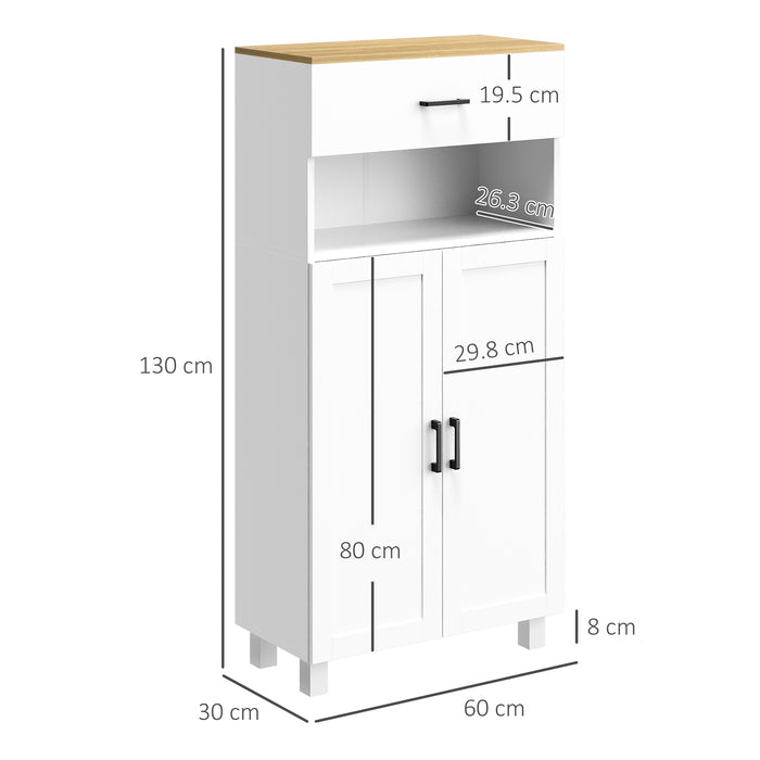 Freestanding Kitchen Cupboard, Nordic Storage Cabinet with Drawer, Doors and Open Countertop for Living & Dining Room, 130cm, White