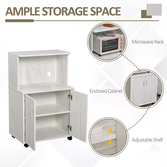 Microwave Cart on Wheels Utility Trolley Storage Sideboard Bookcase with 2-door Cabinet, 97H x 60.4W x 40.3Dcm, White