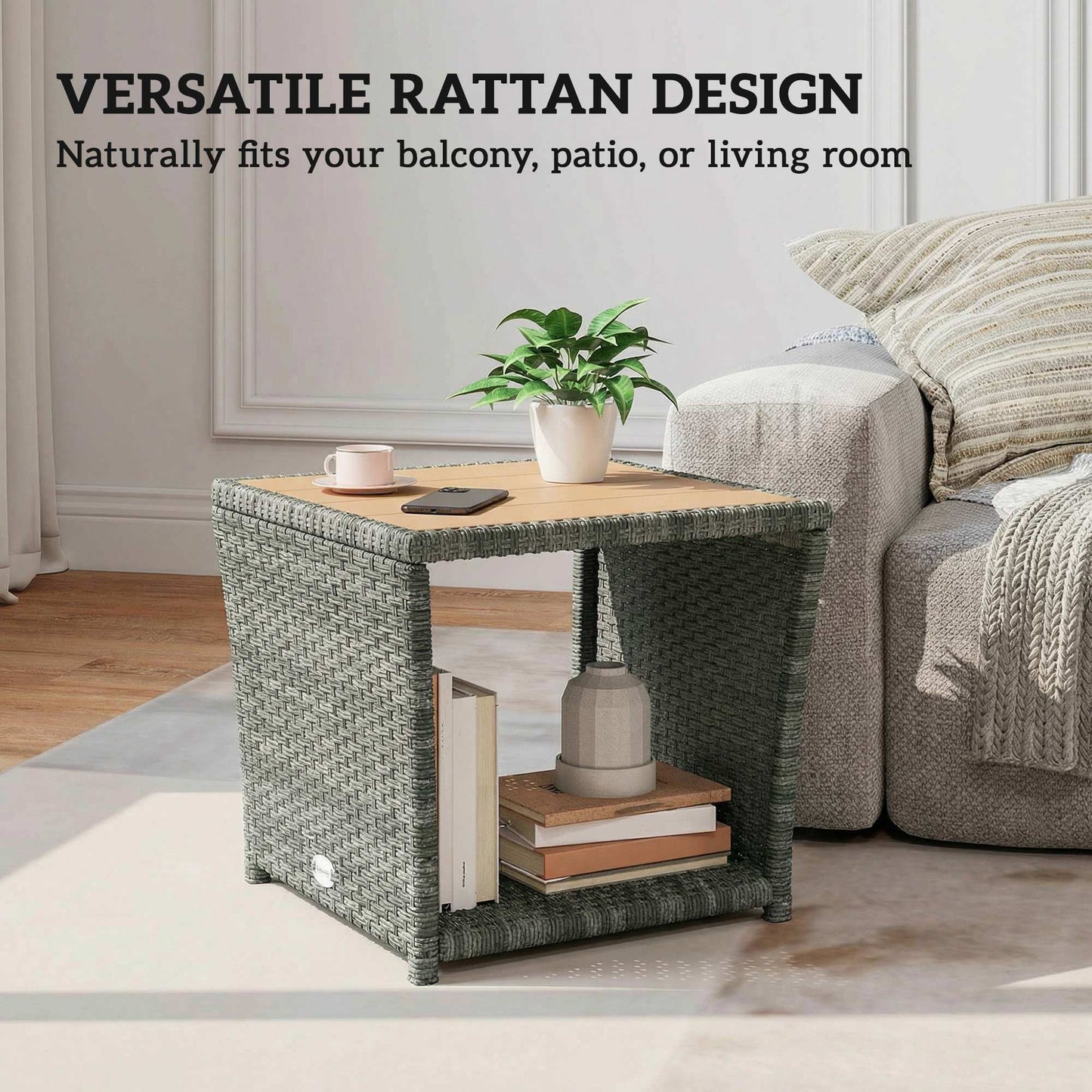 Side Table 2-Tier with Storage Shelf/Light Grey