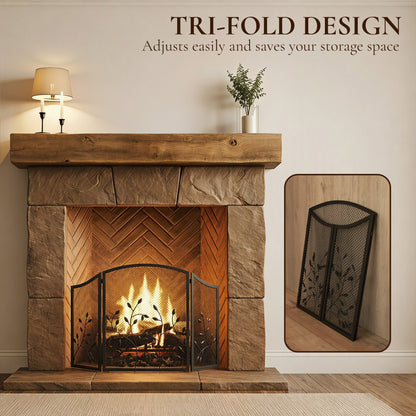 3-Panel Folding Fireplace Screen for Protection, Black