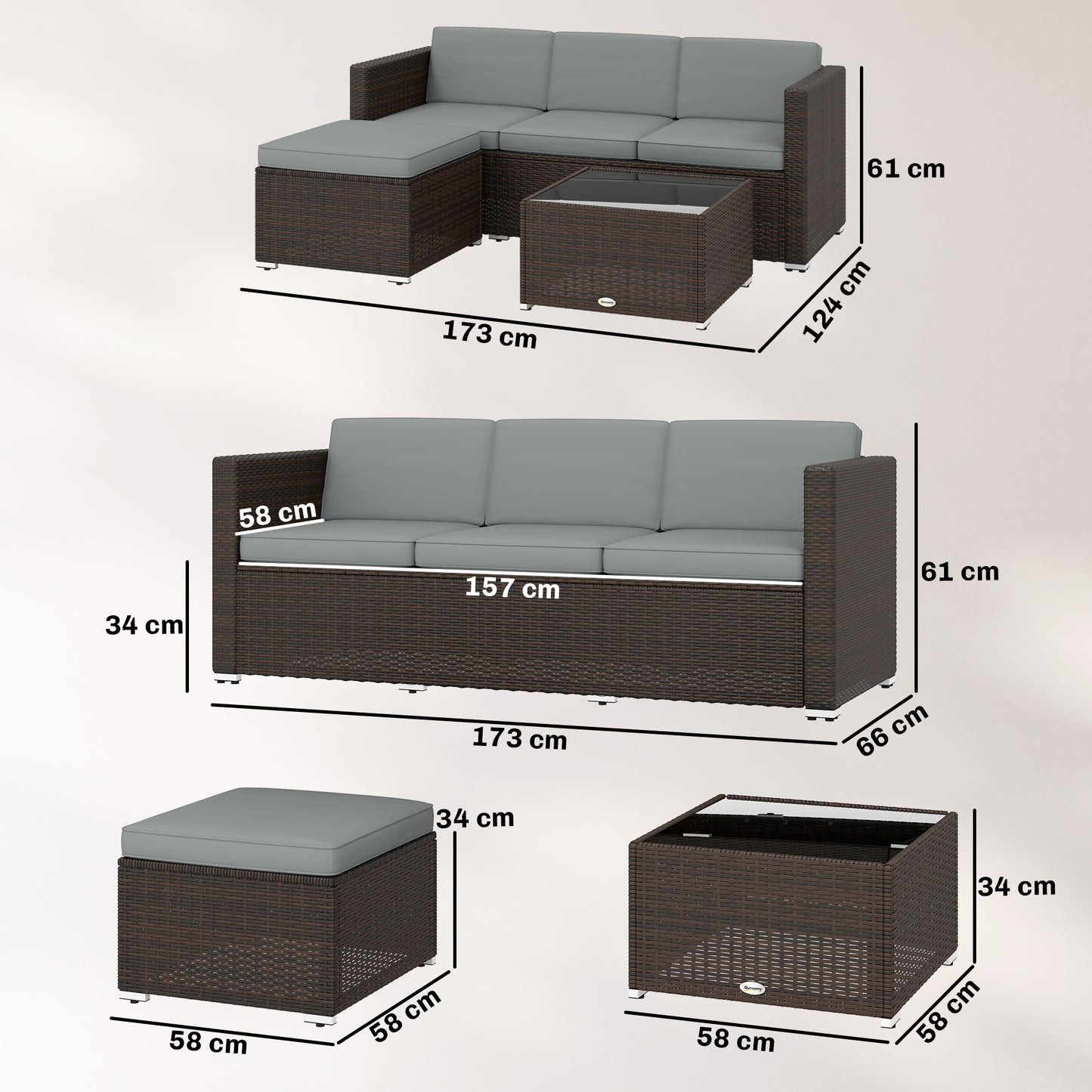 Garden Furniture Set w/ Padded Cushions Corner Sofa Set, Light Grey
