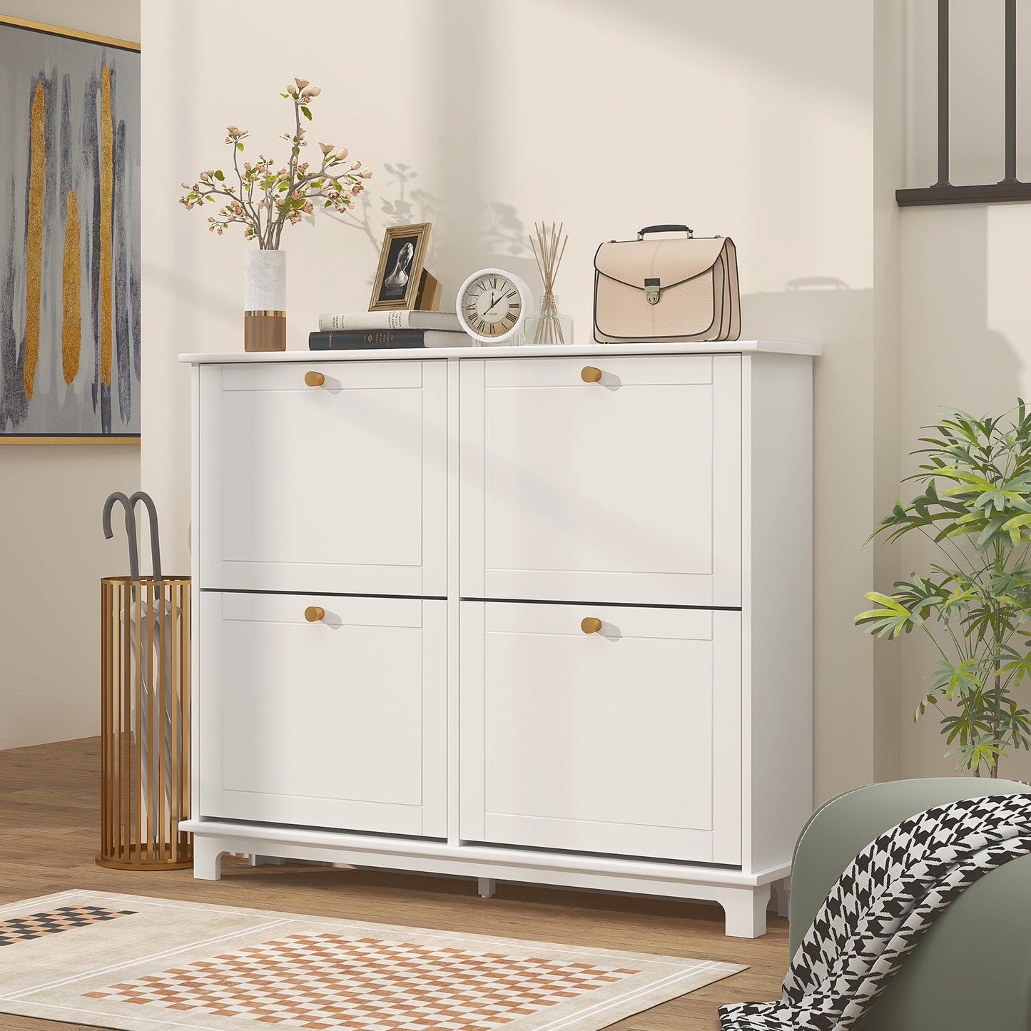 Narrow Shoe Cabinet with 4 Flip Drawers Adjustable Shelves, White
