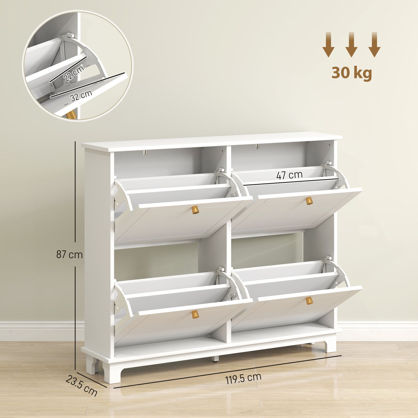 Narrow Shoe Cabinet with 4 Flip Drawers Adjustable Shelves, White