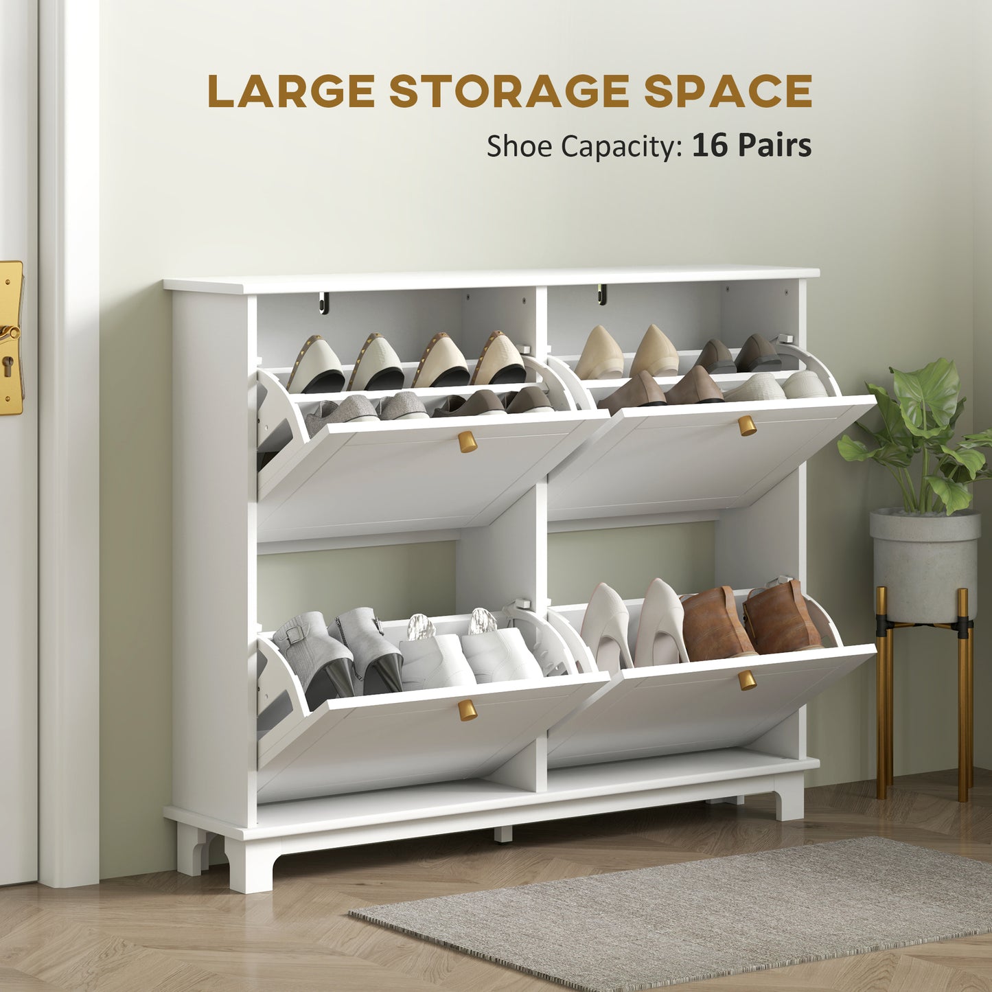 Narrow Shoe Cabinet with 4 Flip Drawers Adjustable Shelves, White