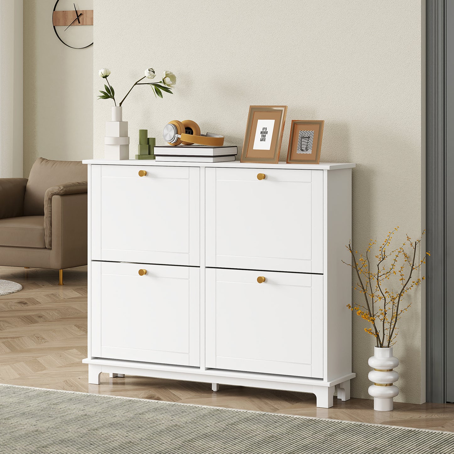 Narrow Shoe Cabinet with 4 Flip Drawers Adjustable Shelves, White