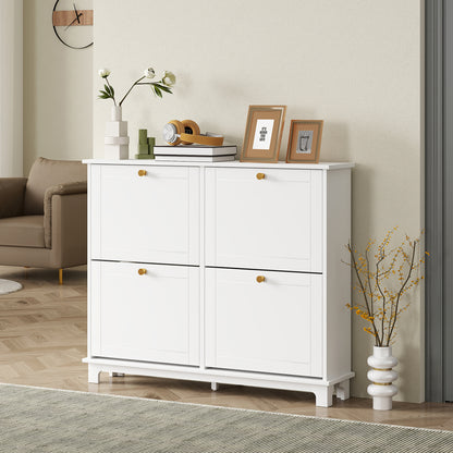 Narrow Shoe Cabinet with 4 Flip Drawers Adjustable Shelves, White