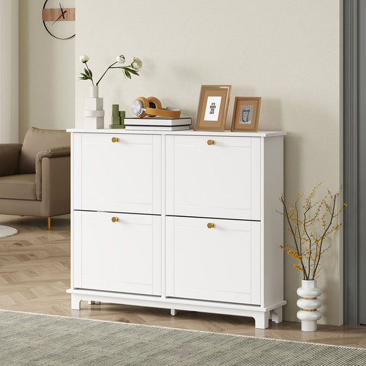 Narrow Shoe Cabinet with 4 Flip Drawers Adjustable Shelves, White