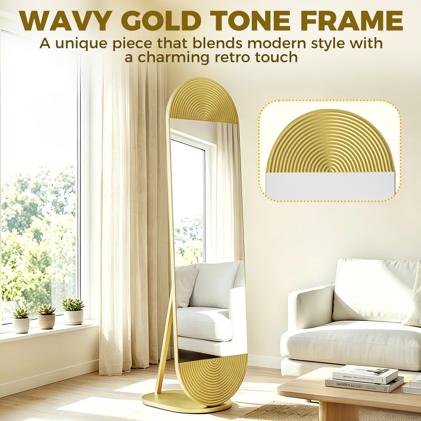 Wavy Full Length Mirror with Metal Frame and Base, Gold Tone