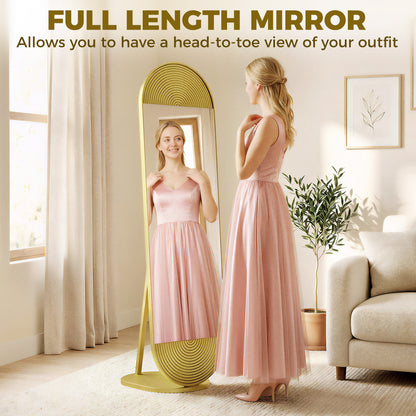 Wavy Full Length Mirror with Metal Frame and Base, Gold Tone
