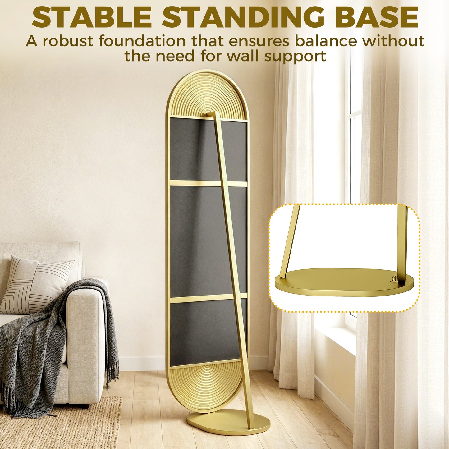 Wavy Full Length Mirror with Metal Frame and Base, Gold Tone