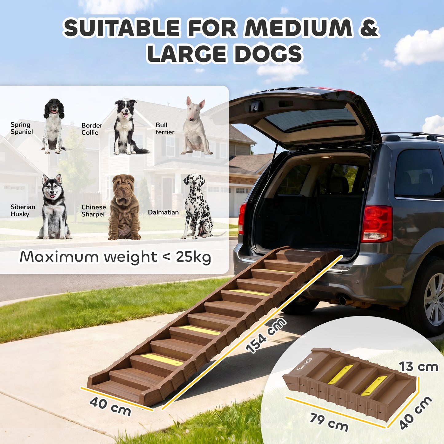 Foldable Dog Ramp for Car, Non-Slip Dog Stairs for SUVs Truck, Brown