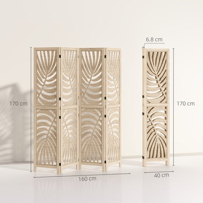 4 Panel Privacy Screens with Palm Leaf Design, Natural Wood Finish