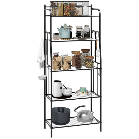 5-Tier Kitchen Storage Unit, Microwave Stand with Open Shelves and Hooks