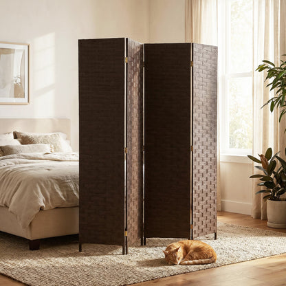 4-Panel Room Dividers, Wave Fibre Freestanding Folding Privacy Screen Panels, Partition Wall Divider for Indoor Bedroom Office, 170 cm, Dark Brown
