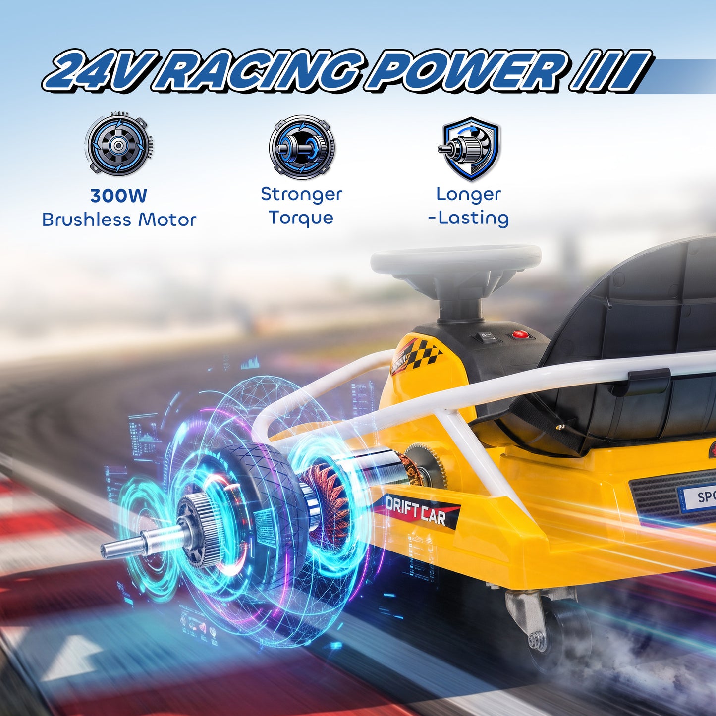 24V Electric Go Kart for Kids with Drift Mode, Soft Start, Yellow