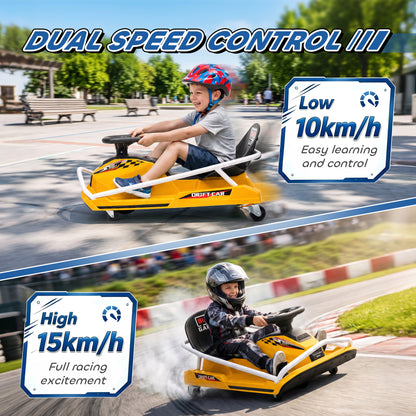 24V Electric Go Kart for Kids with Drift Mode, Soft Start, Yellow