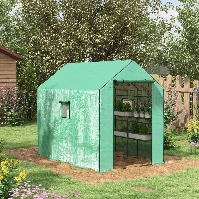 Walk-in Greenhouse w/ 3 Tier Shelves, Green House Garden Grow House w/ PE Cover, Roll-up Door, Mesh Windows, 140 x 213 x 190cm, Green