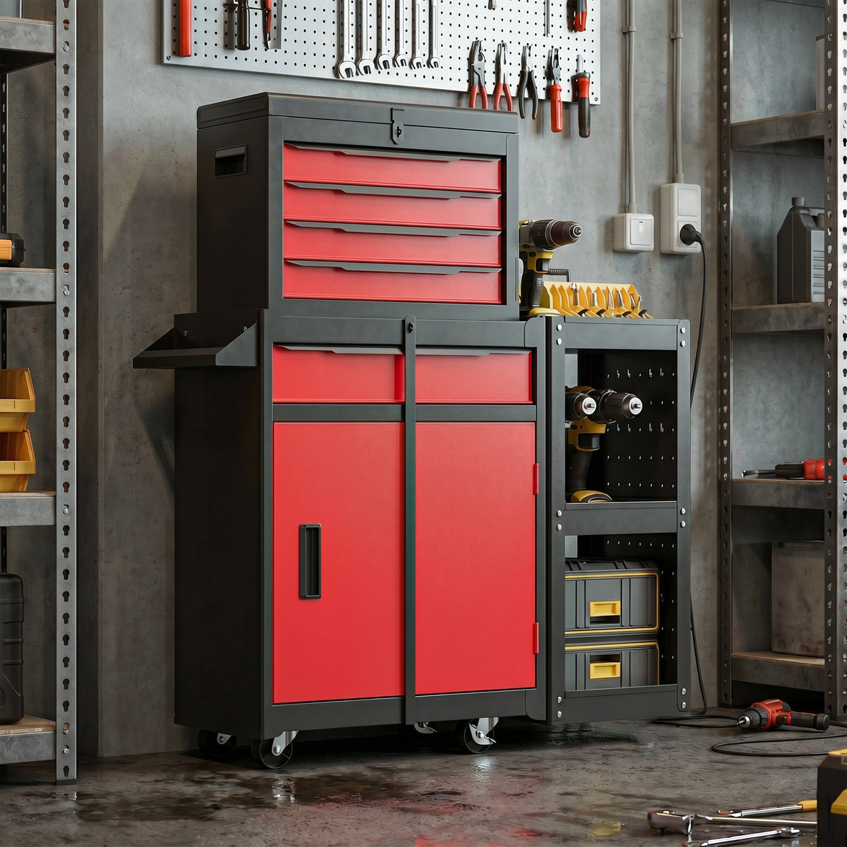 Modular Tool Chest, Tool Trolley with Side Rack, Pegboard for Garage