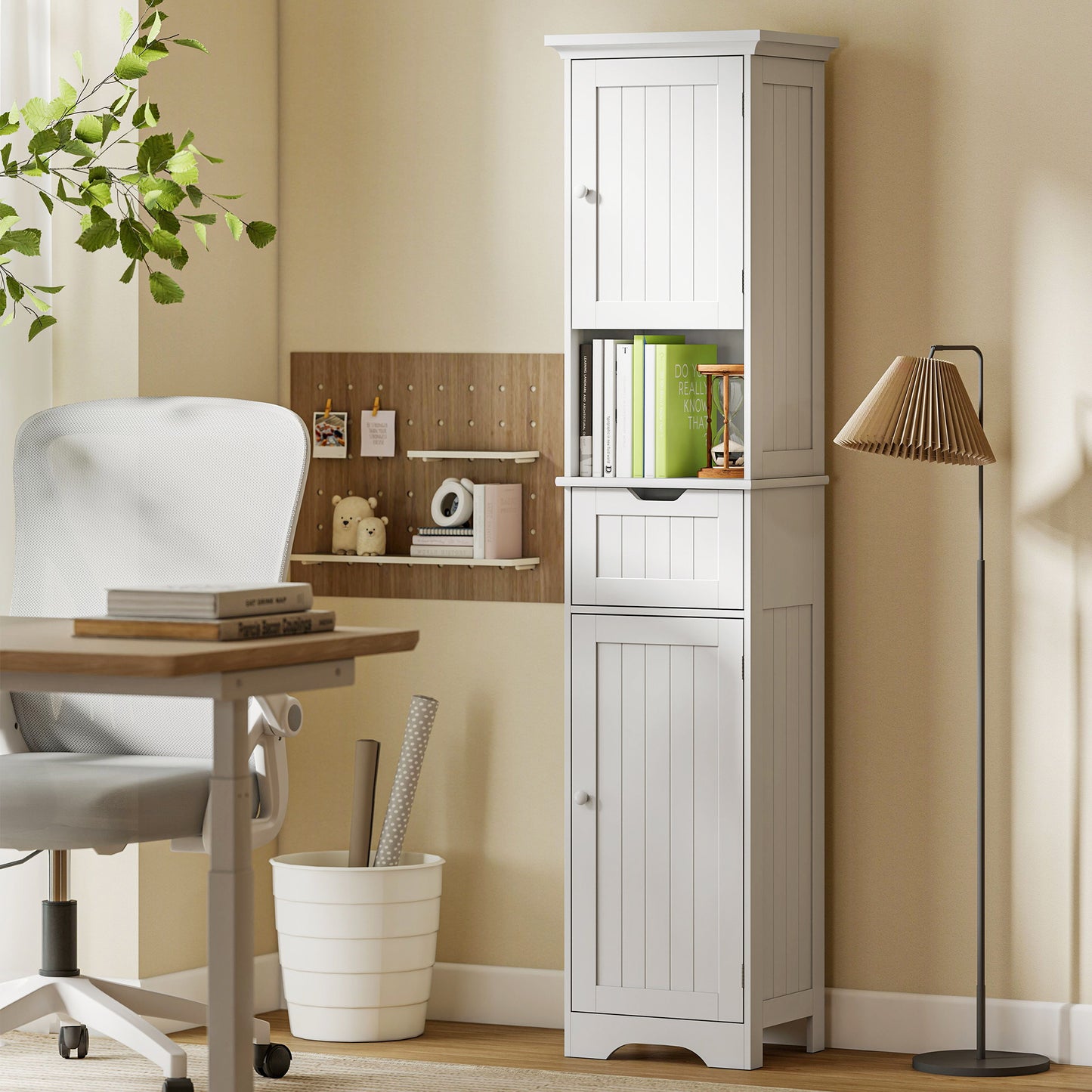 170cm Tall Bathroom Storage Cabinet with LED Light, Adjustable Shelf