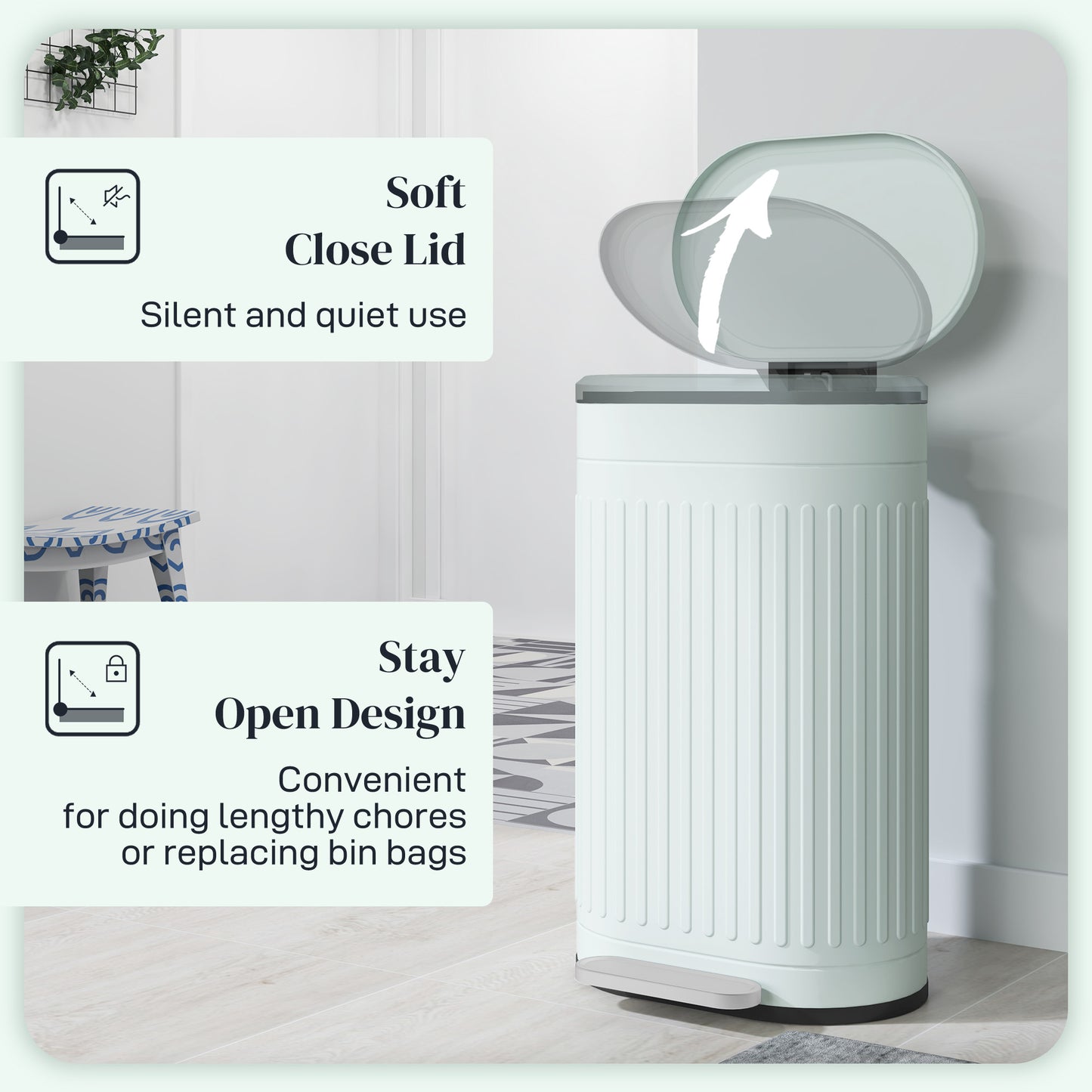 30L Pedal Bin, Metal Kitchen Bin with Soft-close Lid, Light Green