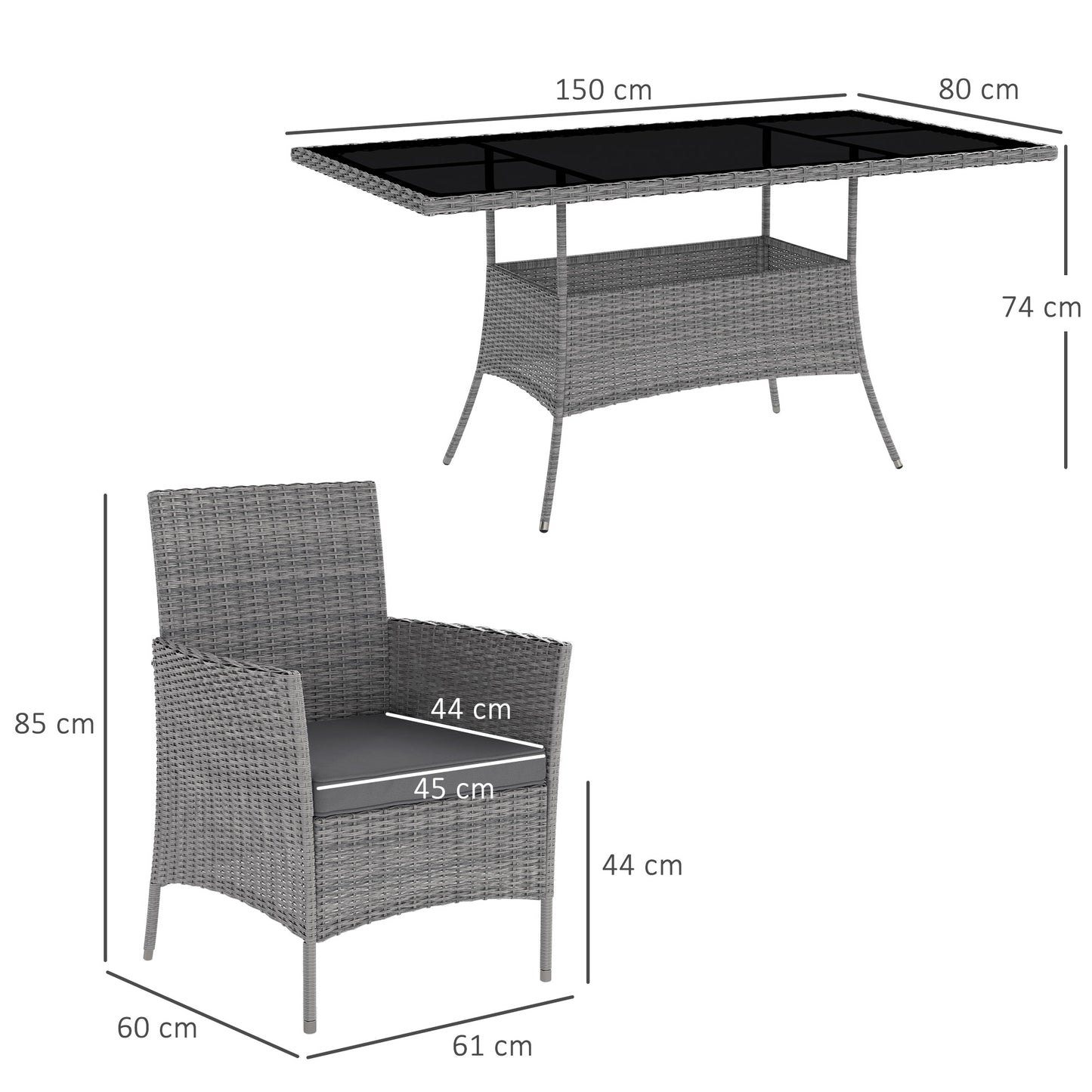 Rattan Dining Set for 6 with Cushions, Glass Top Table