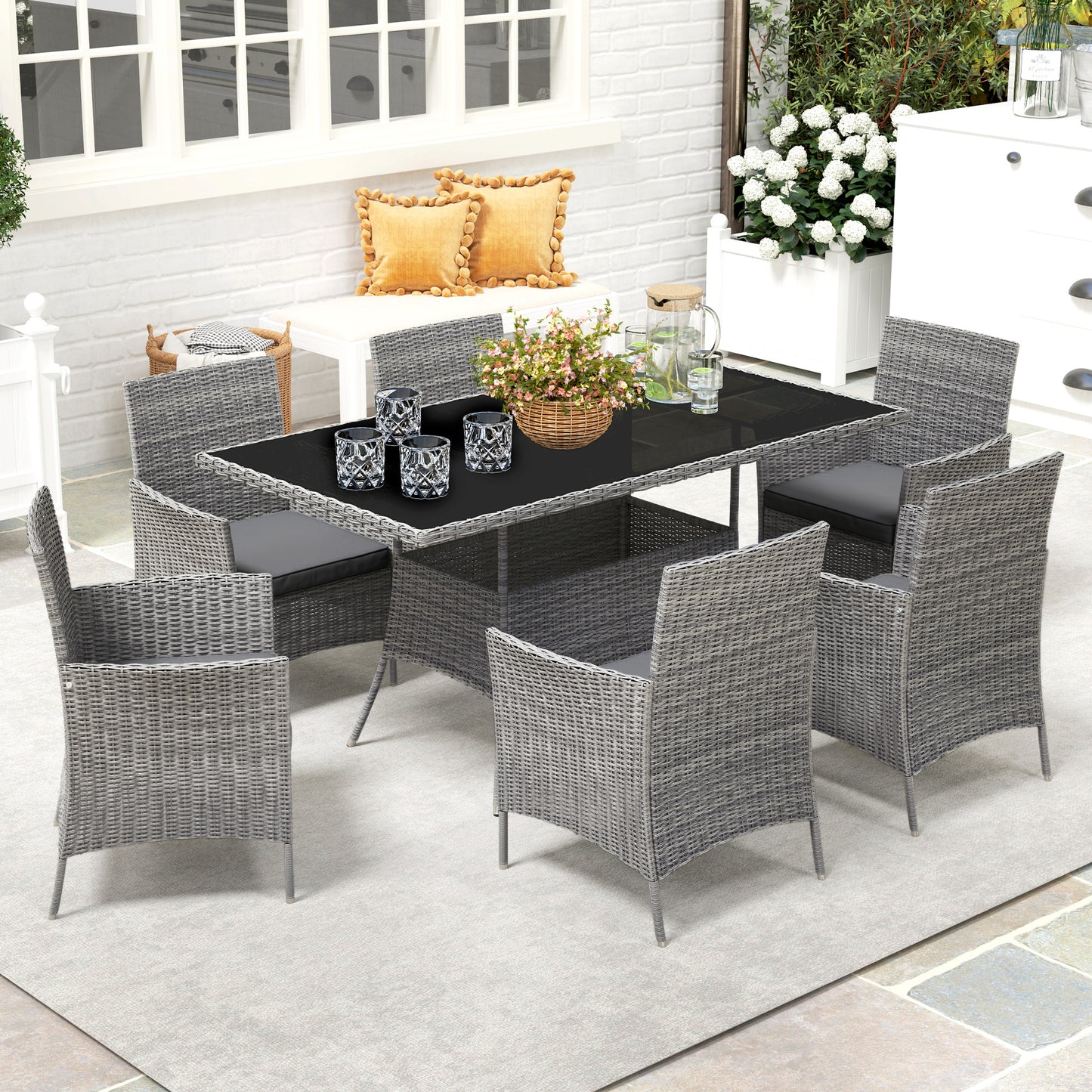 Rattan Dining Set for 6 with Cushions, Glass Top Table