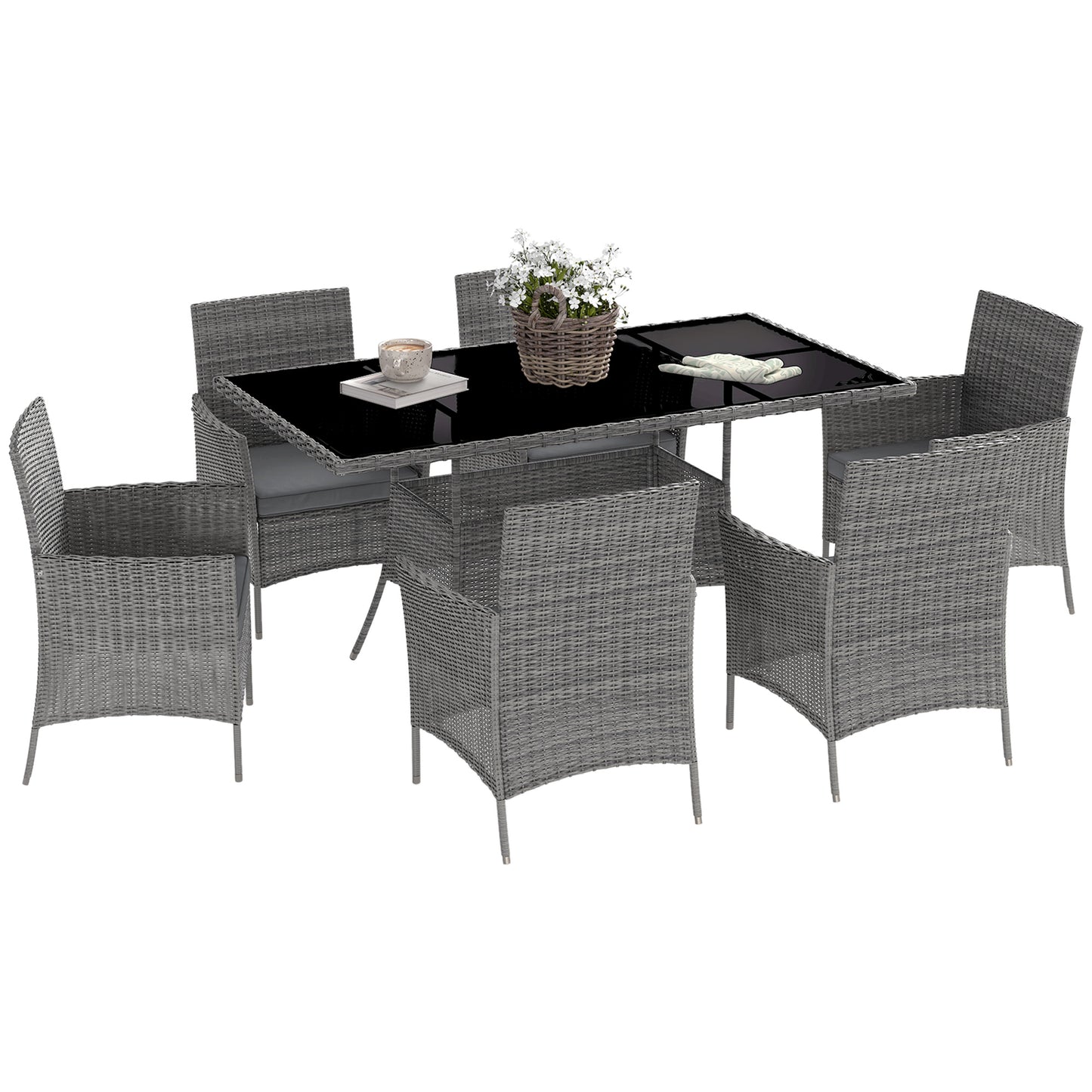 Rattan Dining Set for 6 with Cushions, Glass Top Table
