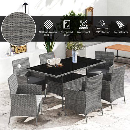 Rattan Dining Set for 6 with Cushions, Glass Top Table