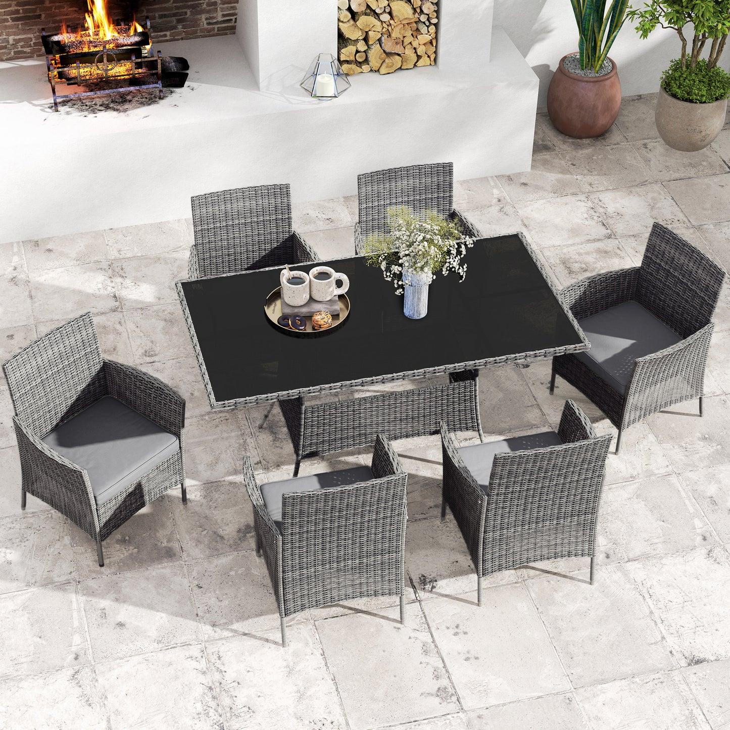 Rattan Dining Set for 6 with Cushions, Glass Top Table