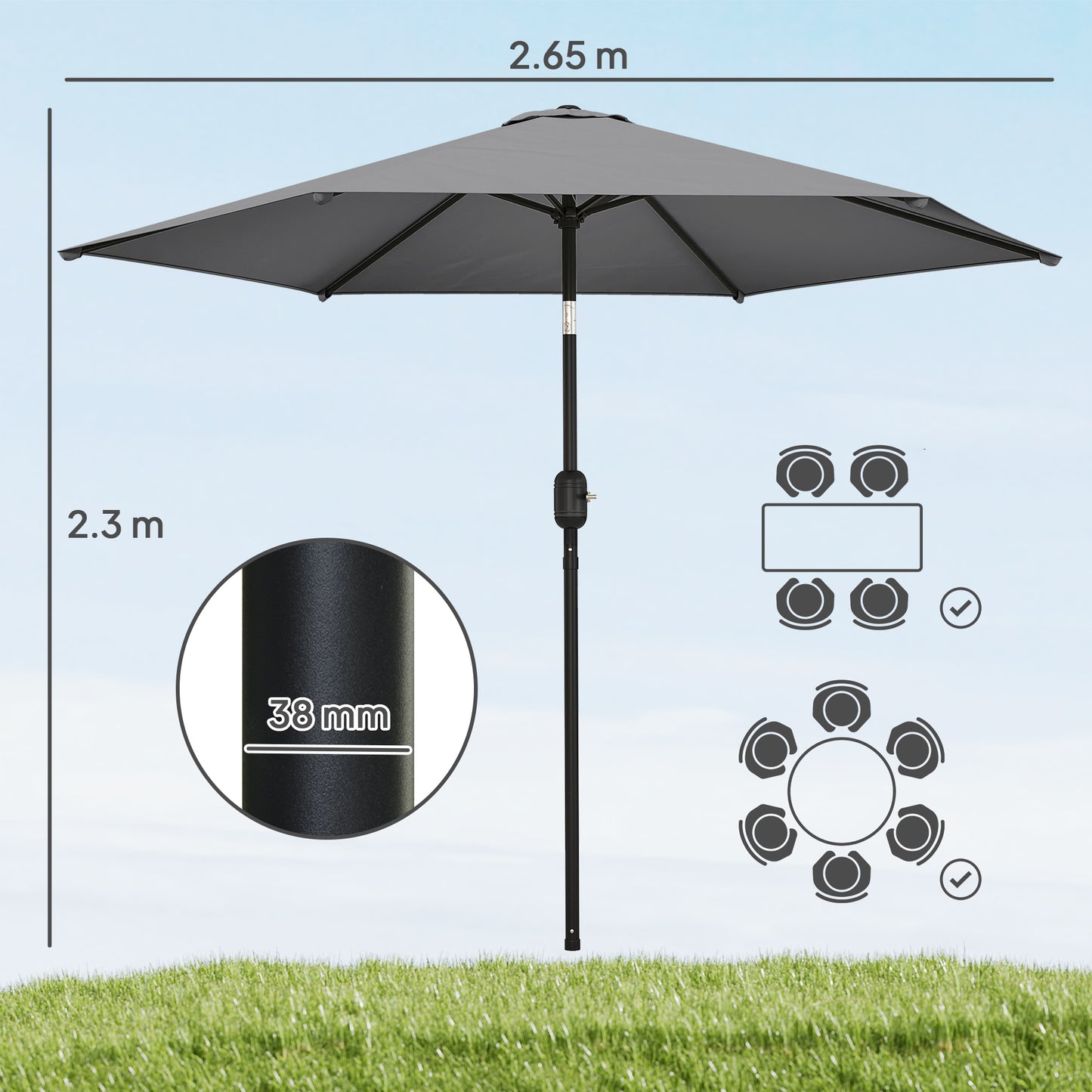 2.6M Garden Parasol Umbrella with Aluminium Pole, Tilt, Crank