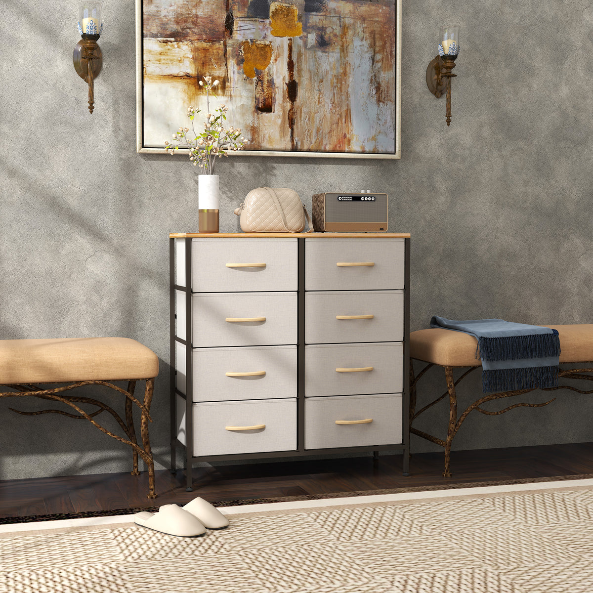 8 Drawer Fabric Chest of Drawers w/ Wooden Top for Hallway Cream