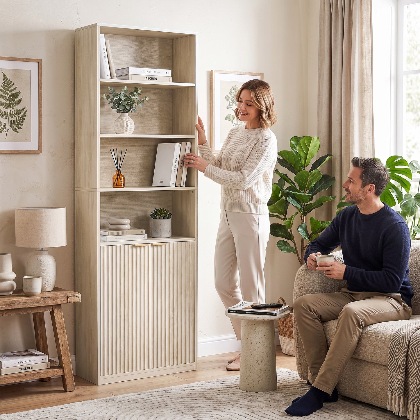 6-Tier Tall Bookcase with Adjustable Shelf Cabinet, Oak