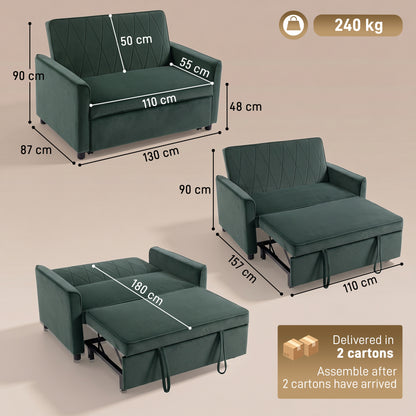2 Seater Sofa Bed, 3-in-1 Convertible Pull Out Sleeper Sofa, Velvet Loveseat Bed Settee with Clik-Clack Adjustable Backrest, High-Density Foam for Living Room, Bedroom, Guest Room, Dark Green