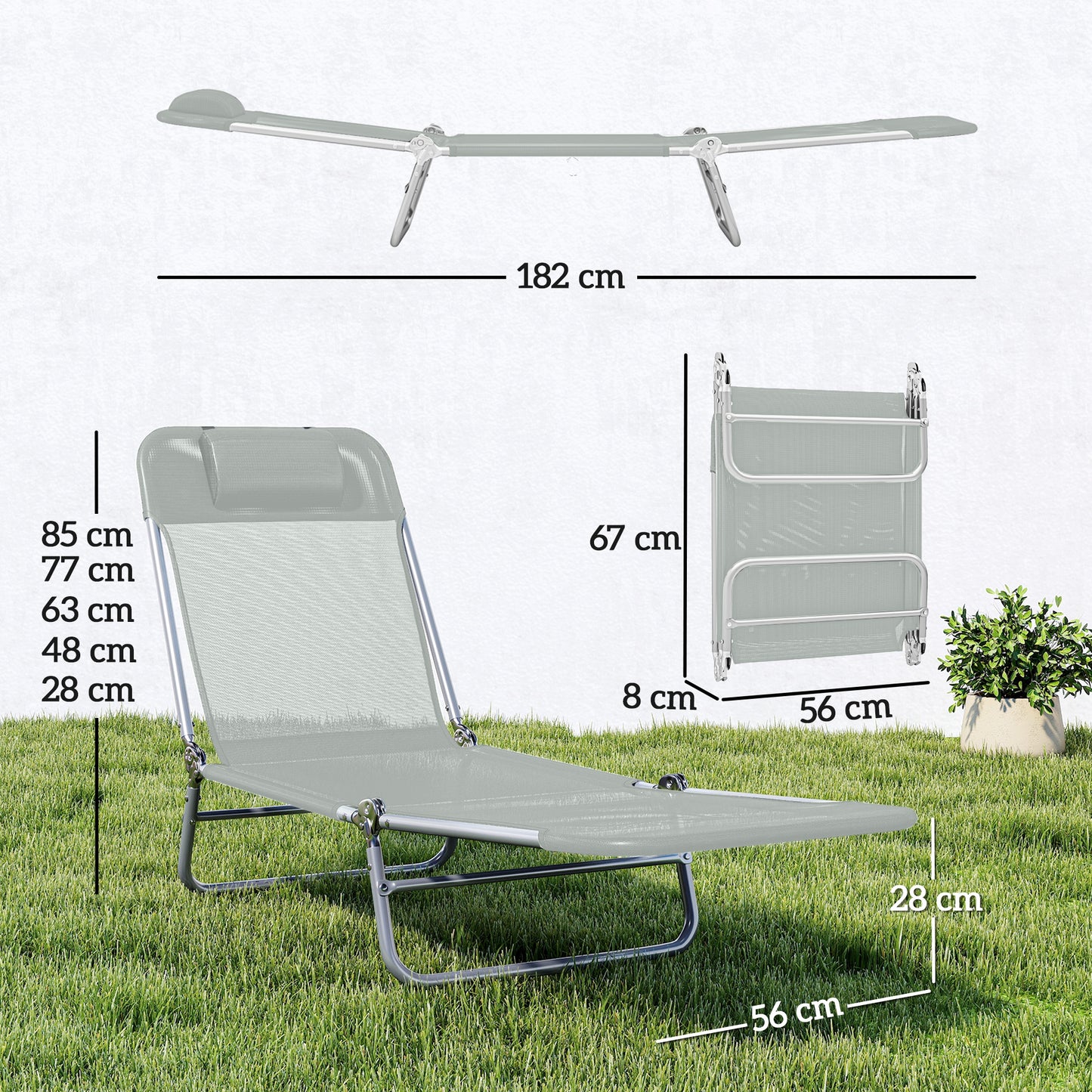2 Pieces Sun Loungers Foldable Reclining Chair, Light Grey