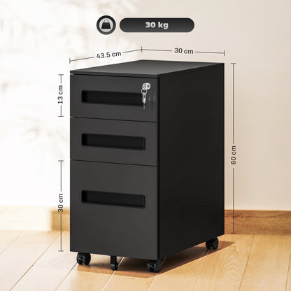 Lockable Mobile Filing Cabinet w/ 3 Drawers 30 x 43.5 x 60 cm Black