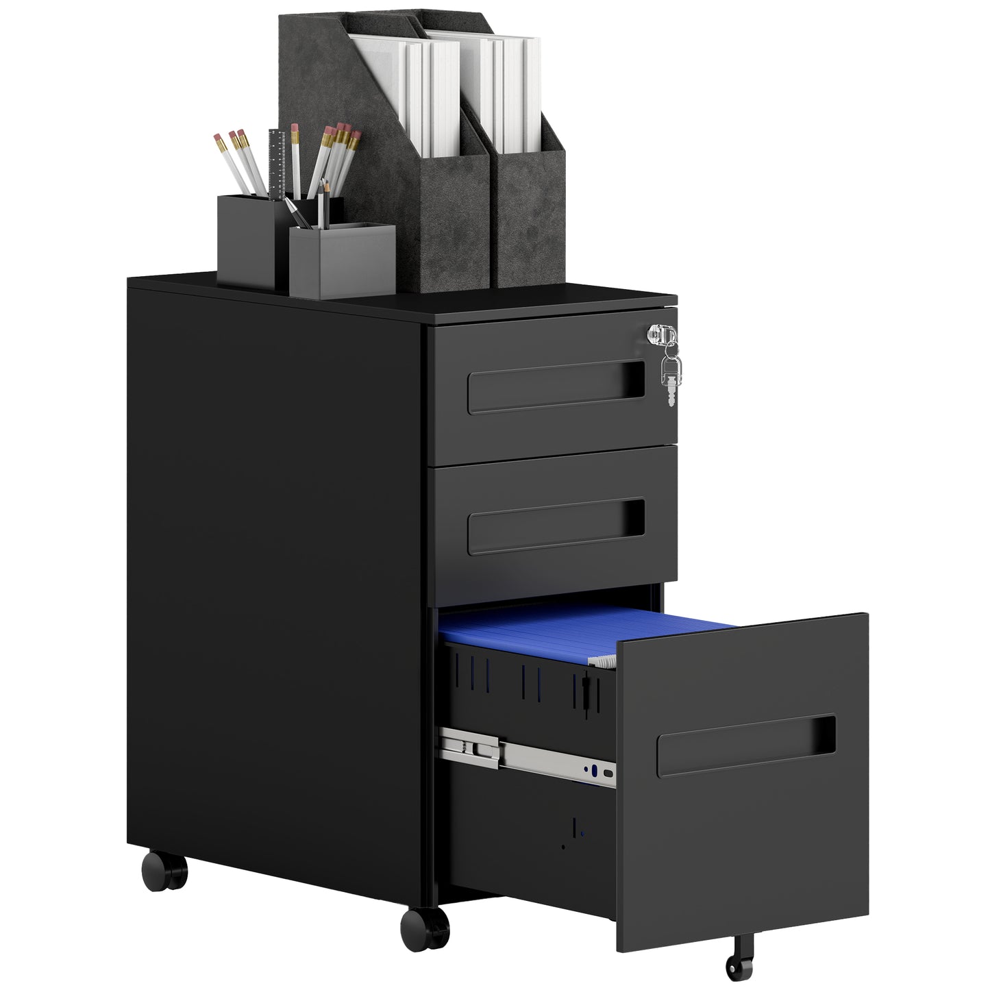 Lockable Mobile Filing Cabinet w/ 3 Drawers 30 x 43.5 x 60 cm Black