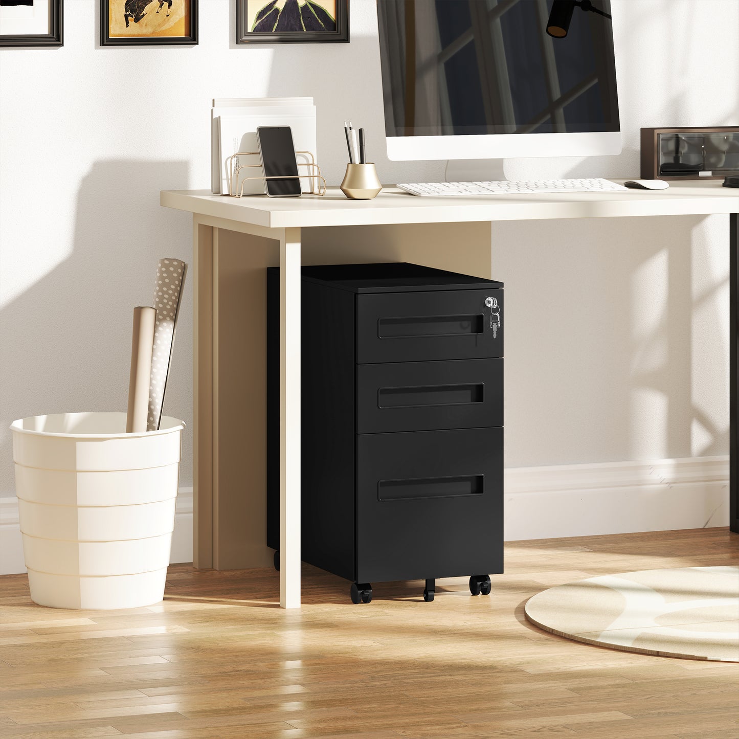 Lockable Mobile Filing Cabinet w/ 3 Drawers 30 x 43.5 x 60 cm Black