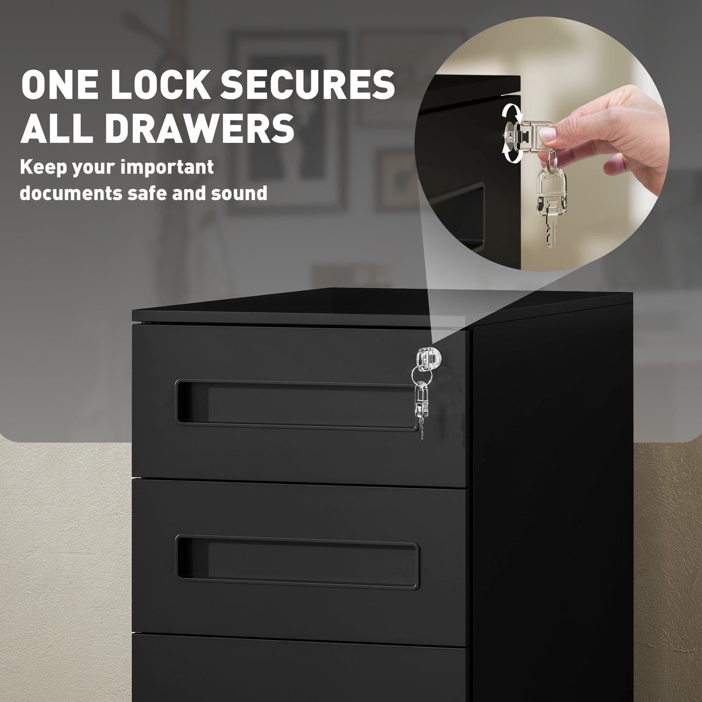 Lockable Mobile Filing Cabinet w/ 3 Drawers 30 x 43.5 x 60 cm Black
