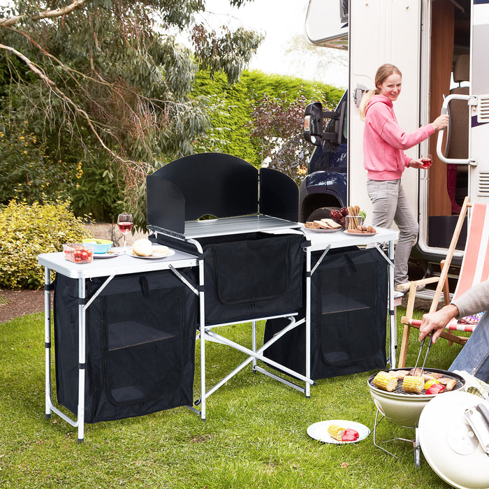 Folding Camping Kitchen Cooking Table With Windscreen, Enclosed Cupboards, Aluminium Frame for BBQ, Party, Picnic