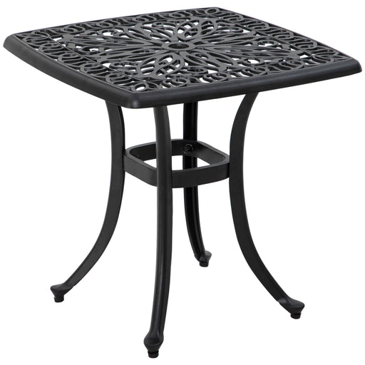 Cast Aluminium Bistro Table, Outdoor Square Side Table with Umbrella Hole, Garden Table for Balcony, Poolside, Black