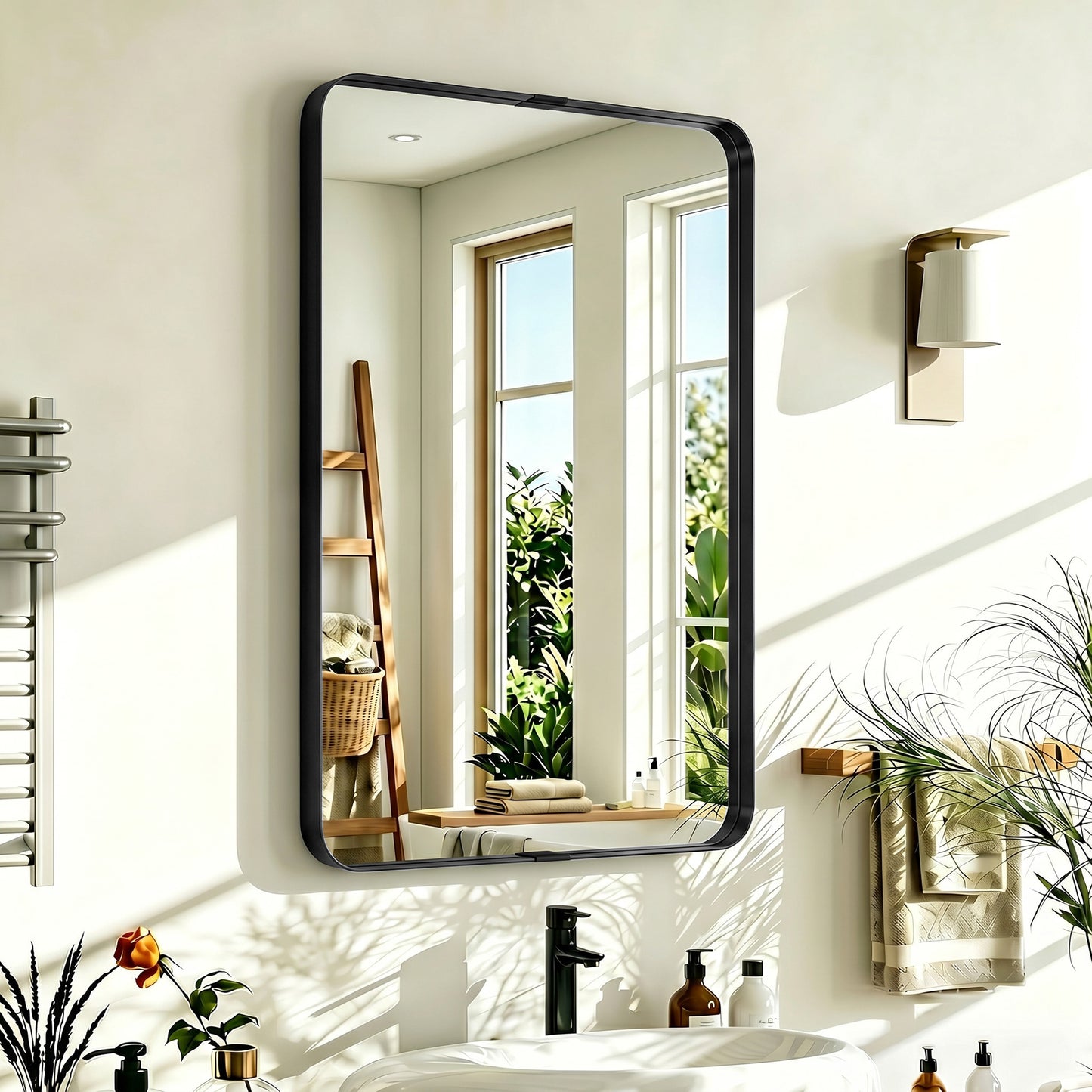 Wall Mirror with Elevated Aluminium Alloy Frame, 60 x 90 cm Bathroom Mirror with Tempered Glass for Living Room, Bedroom, Hallway, Black