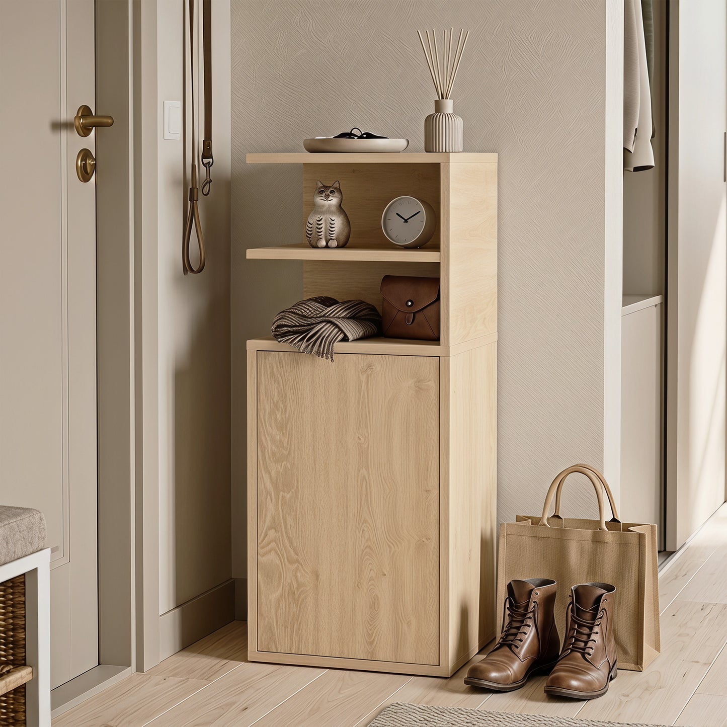 Slim Bedside Table Set of 2 with Open Cubbies and Cupboard, Oak