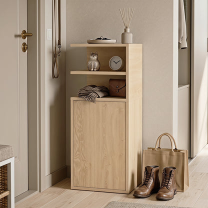 Slim Bedside Table Set of 2 with Open Cubbies and Cupboard, Oak