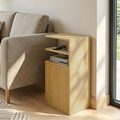 Slim Bedside Table Set of 2 with Open Cubbies and Cupboard, Oak