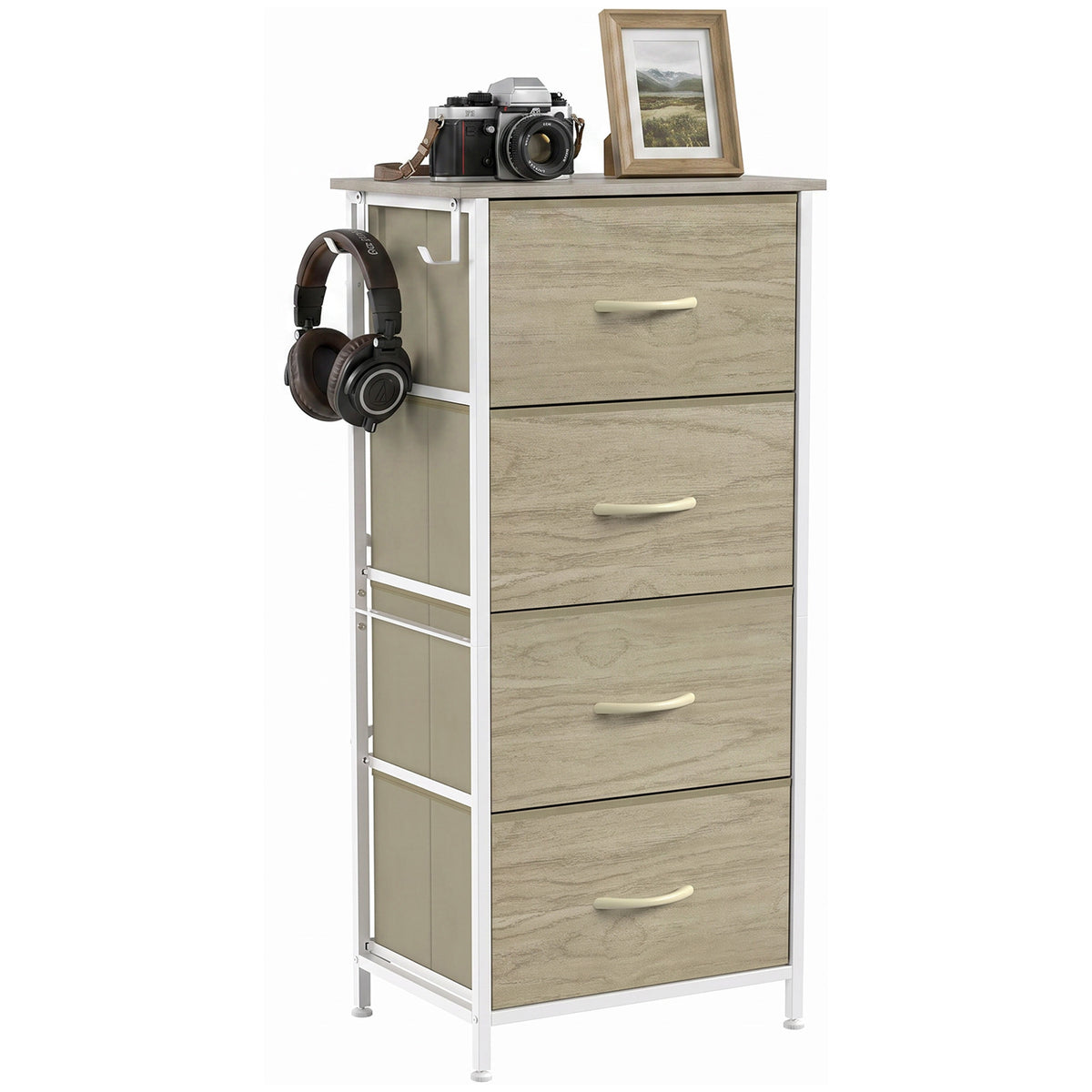 Fabric Chest of Drawers, 4 Drawer Dresser for Bedroom, Natural Wood